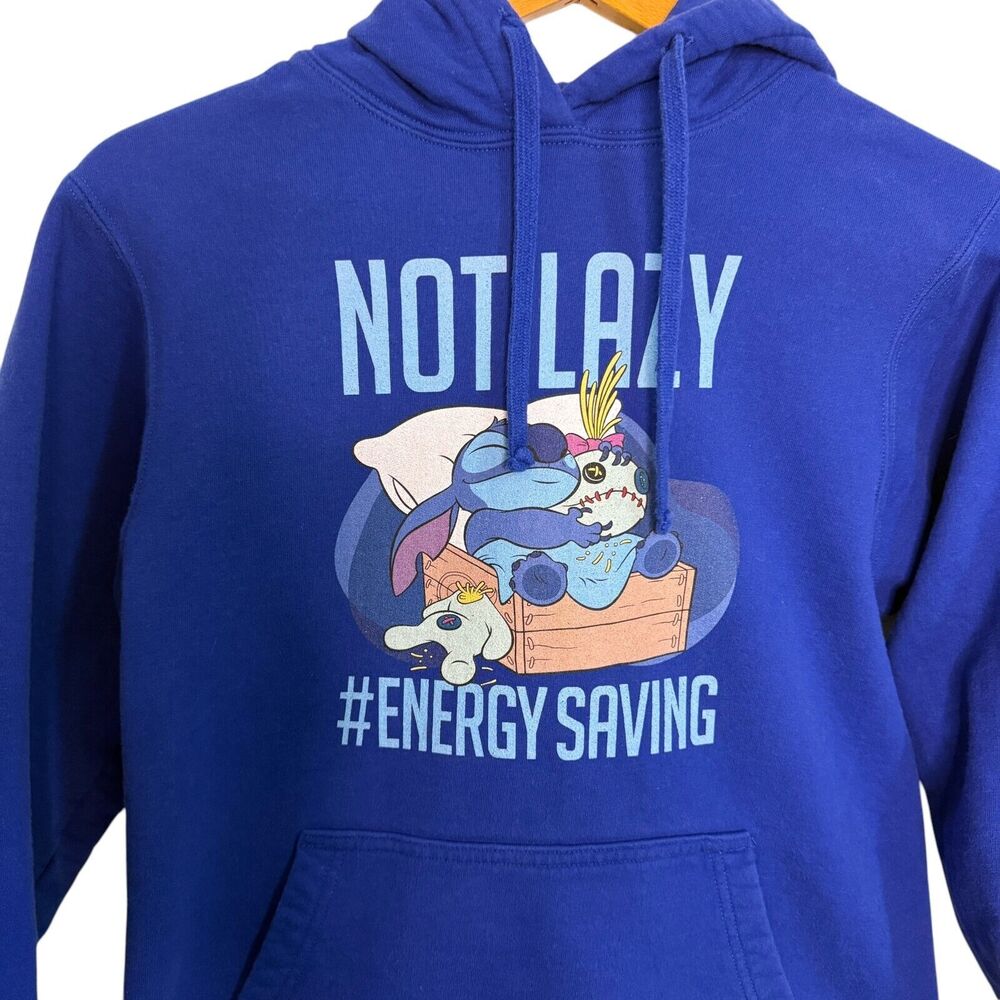 Disney Lilo & Stitch Not Lazy #Energy Saving Fleece Hooded Pullover Sweatshirt S - Picture 2 of 9